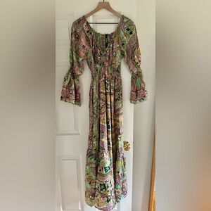 Maxi Boho Paisley Bell Sleeve Ruched Maxi Dress